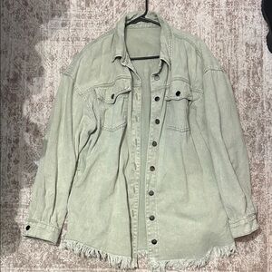 Amazon Olive Button-Up Shirt with Frayed Hem